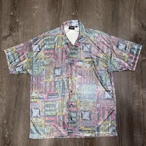 Vtg Hutspah Hawaiian Button Shirt Mens Medium Geometric Futuristic Circuit USA